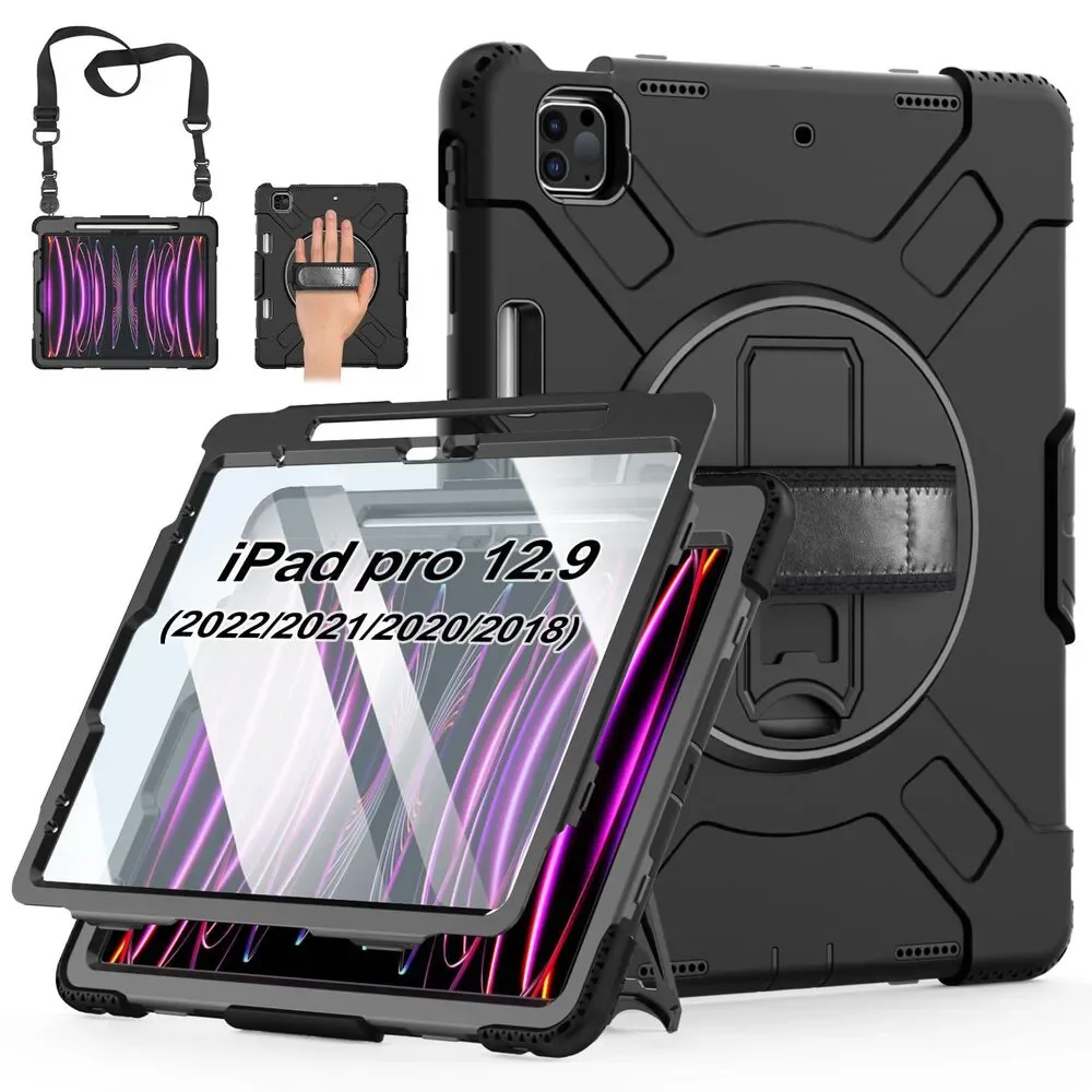 Case for iPad Pro 12.9 with Screen Protector Stand Handle Shoulder Strap (Black)